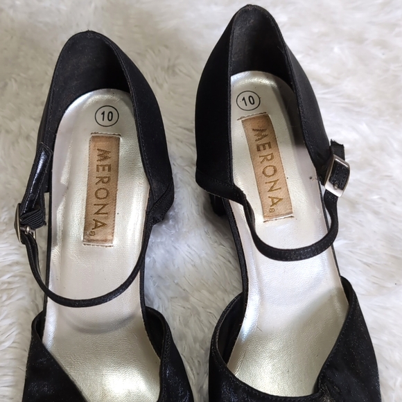 Y2K Merona Metallic Black Chunky Ankle Strap Block Heels Size 10 - Picture 7 of 9